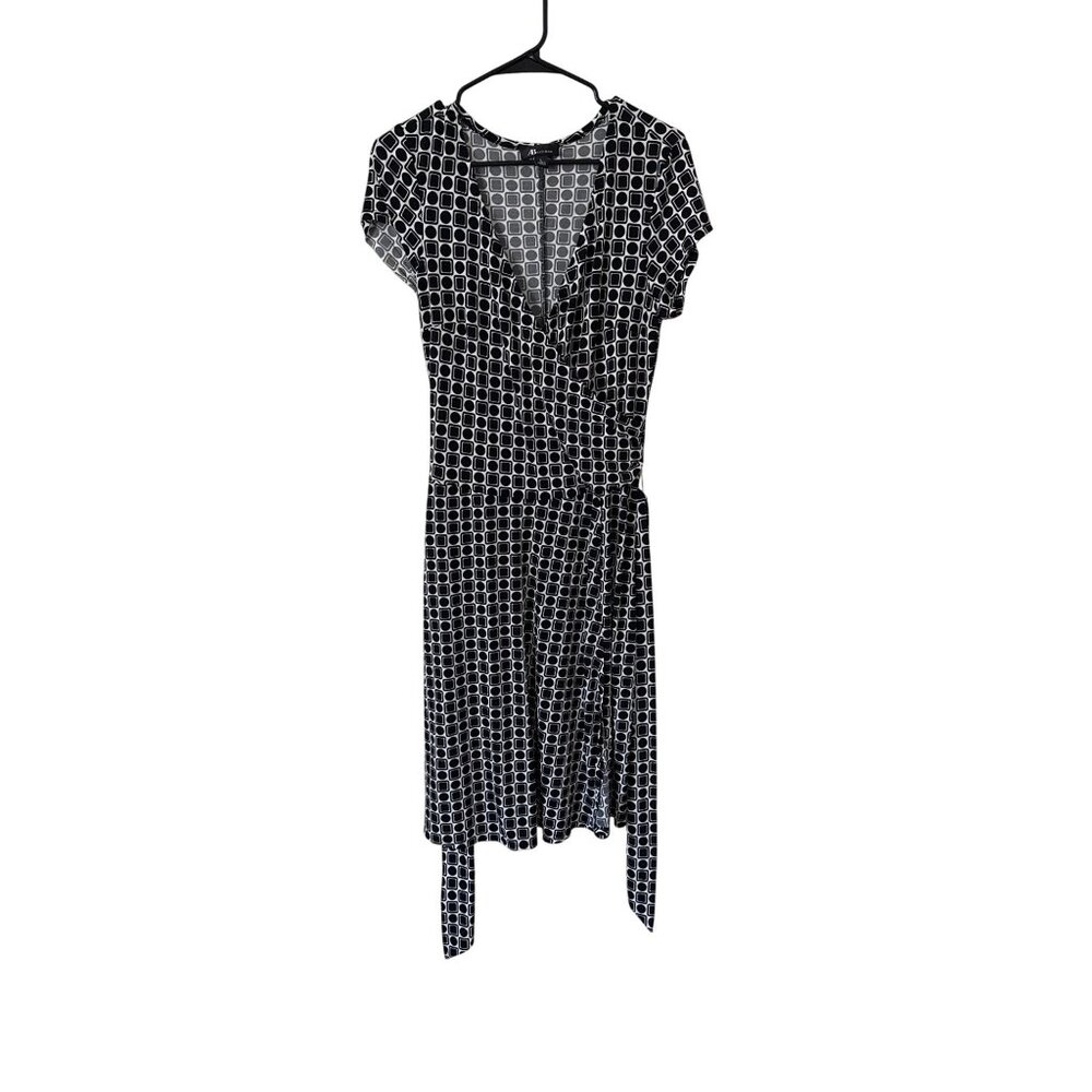AB Studio Women's Wrap Geometric Size L Long Dress Black V Neck Casual Event
